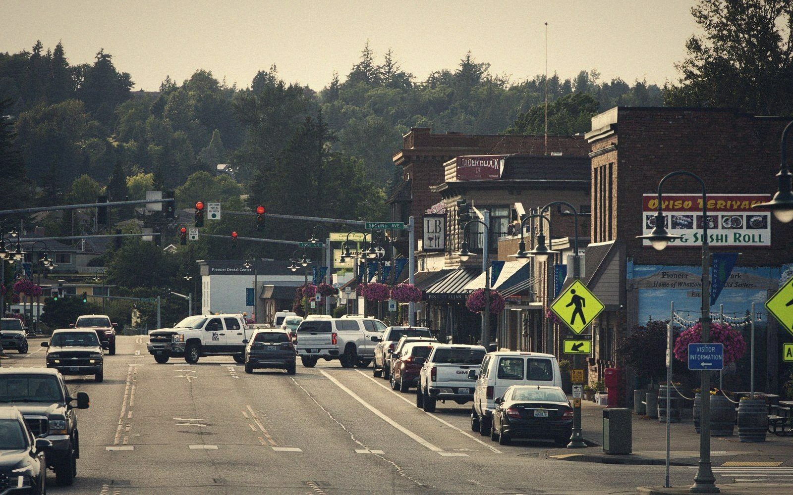 A small town main street on a gameday