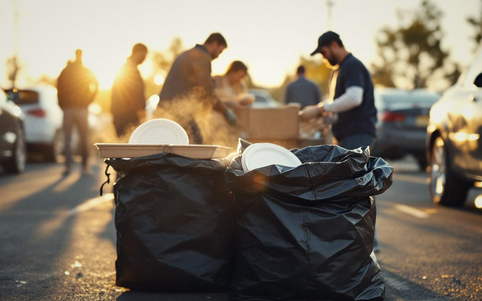 Bags of paper plates sit on pavement as people pack up food at sunset