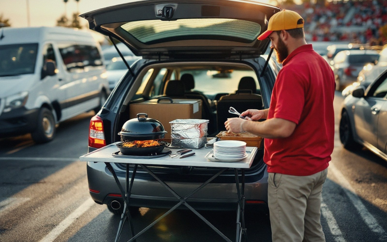 A man grills food on a portable table beside an open car trunk in a parking lot