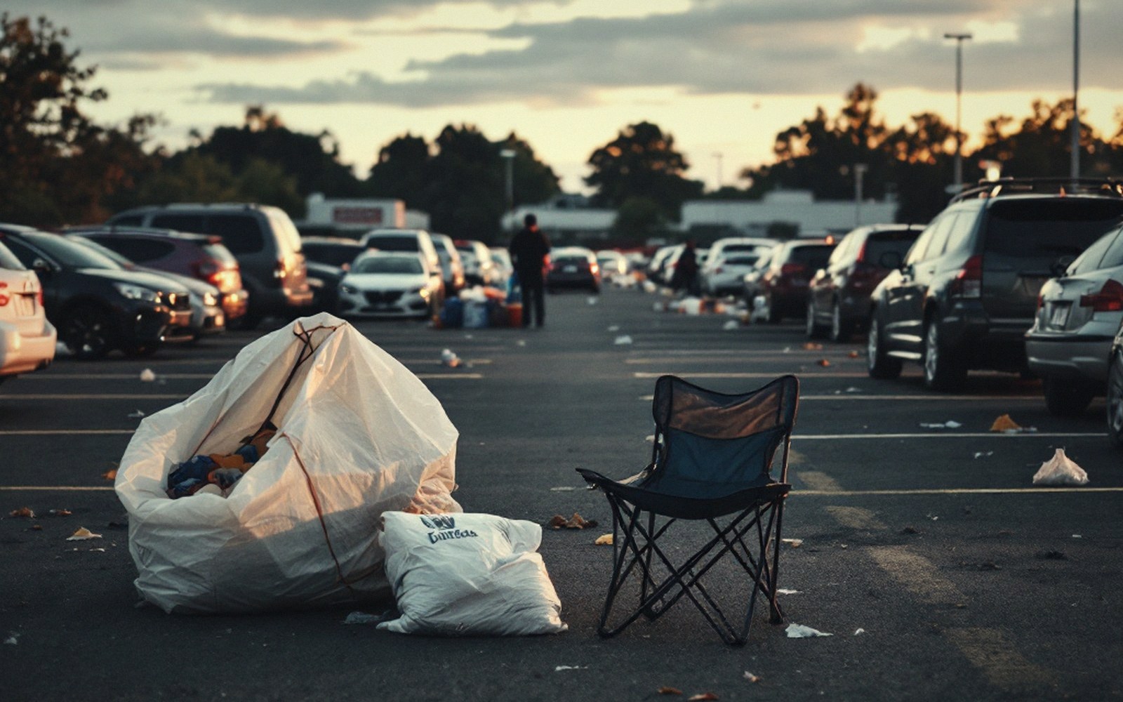 Trash bags and a folding chair left behind in a car-lined tailgating lot at dusk
