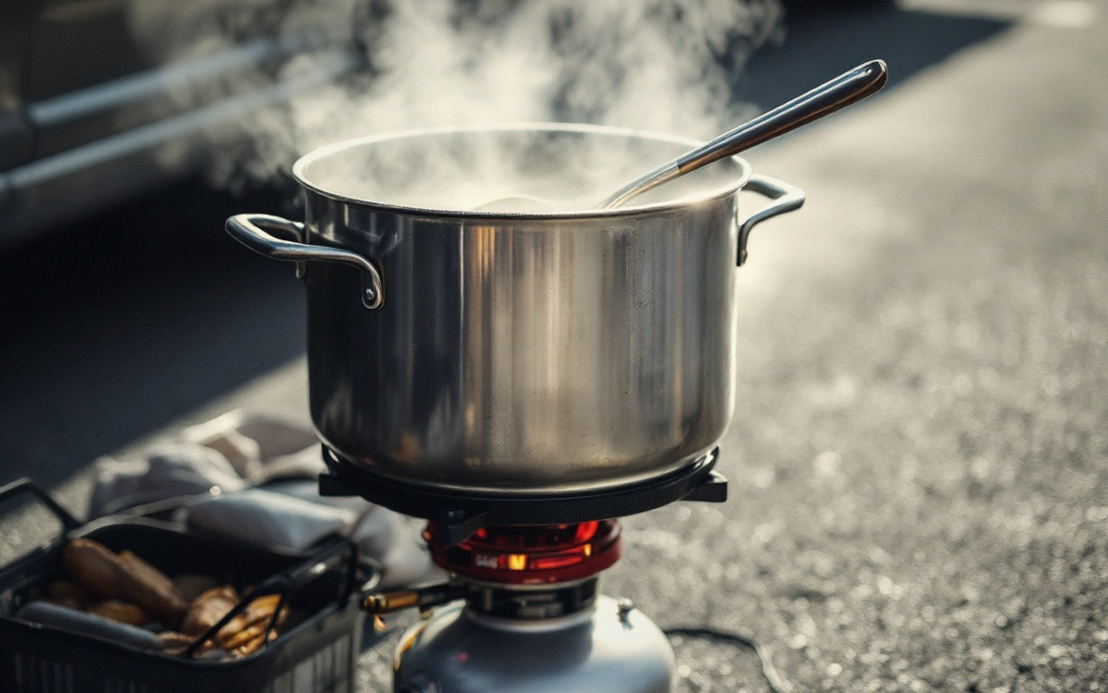Steam rises from a large pot boiling on a portable gas burner outdoors
