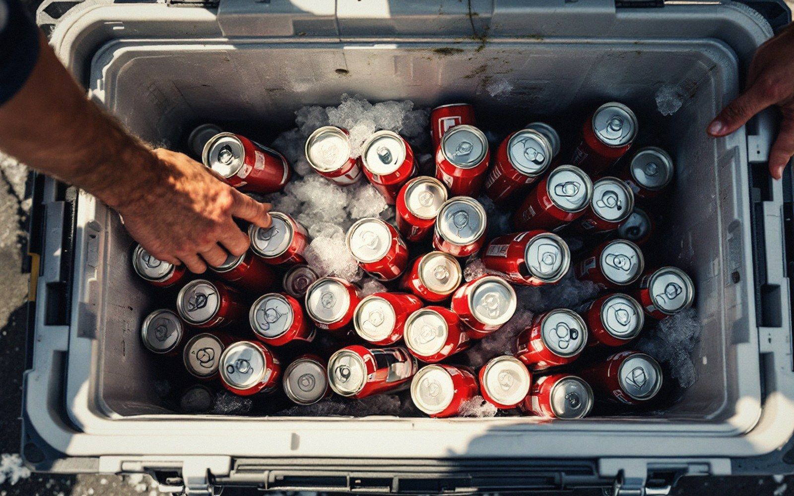 Hands reaching into a cooler packed with ice and red soda cans