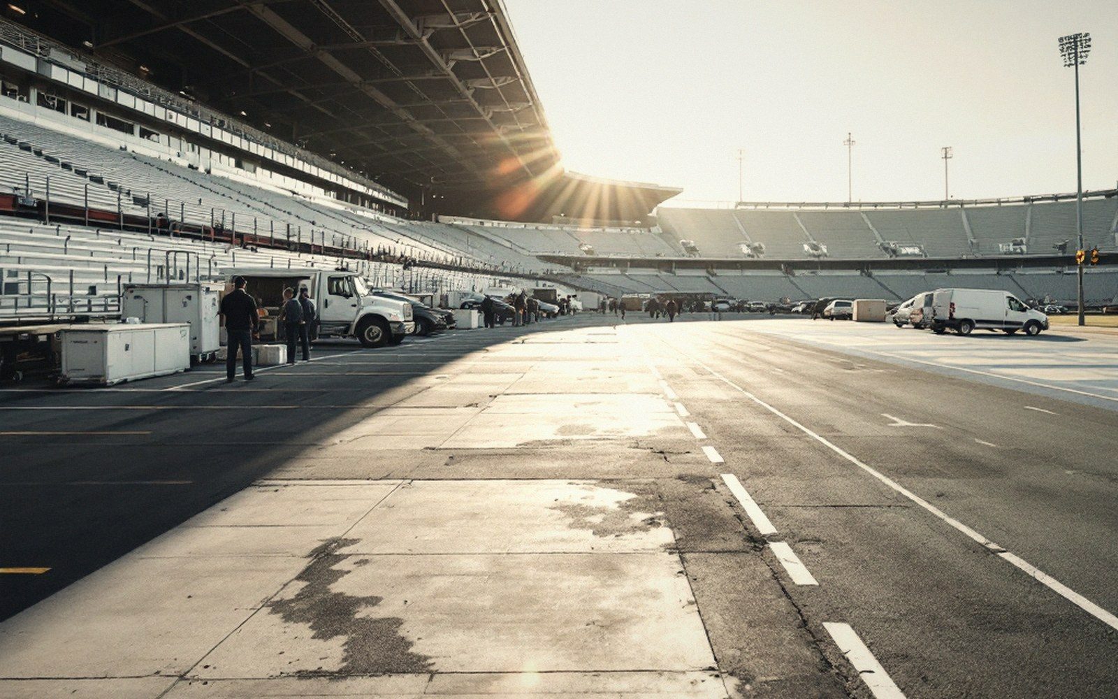 Empty grandstands and pit road at a racetrack lit by low sun with parked vehicles