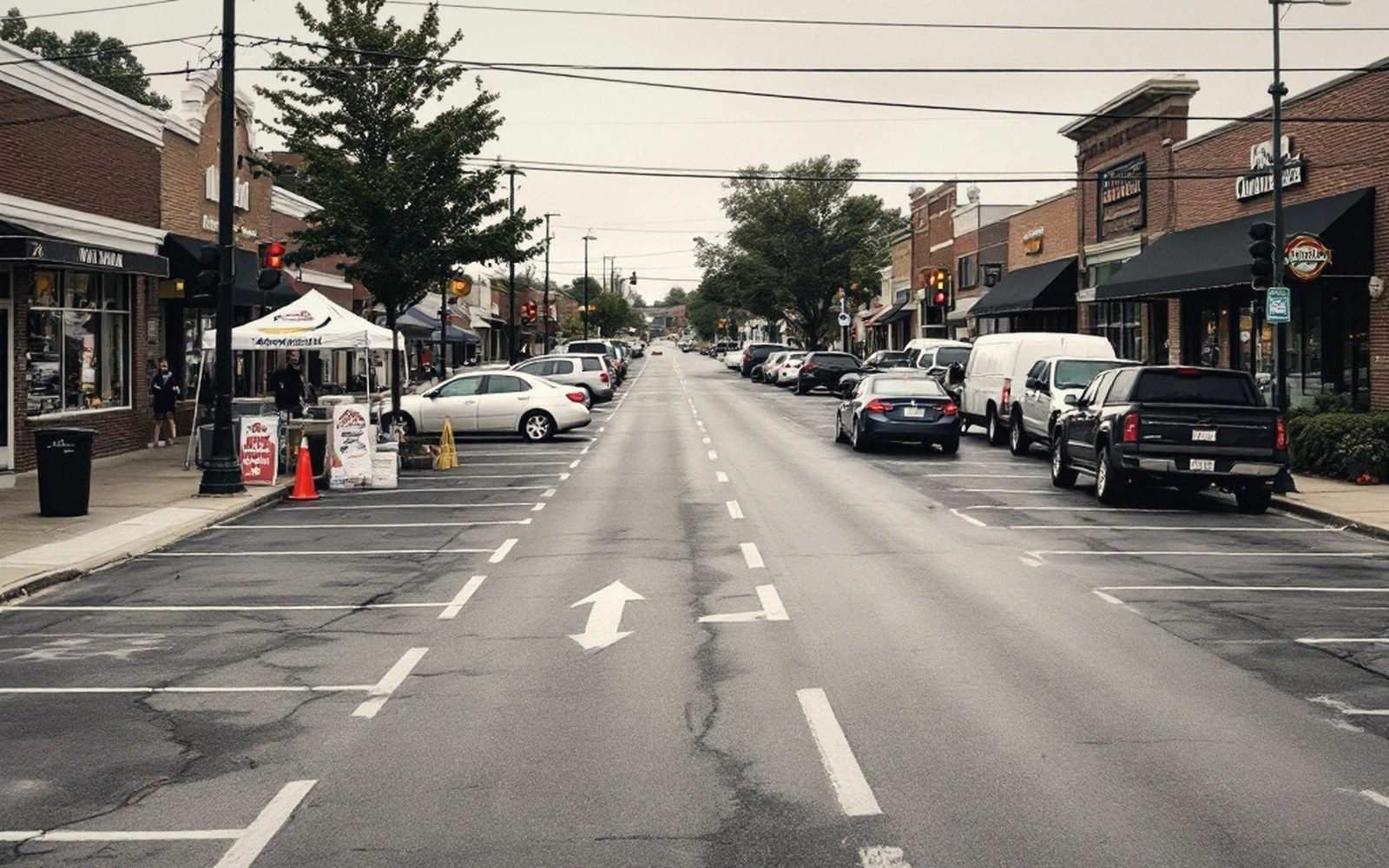 Cars parked along a quiet downtown street lined with brick storefronts and awnings