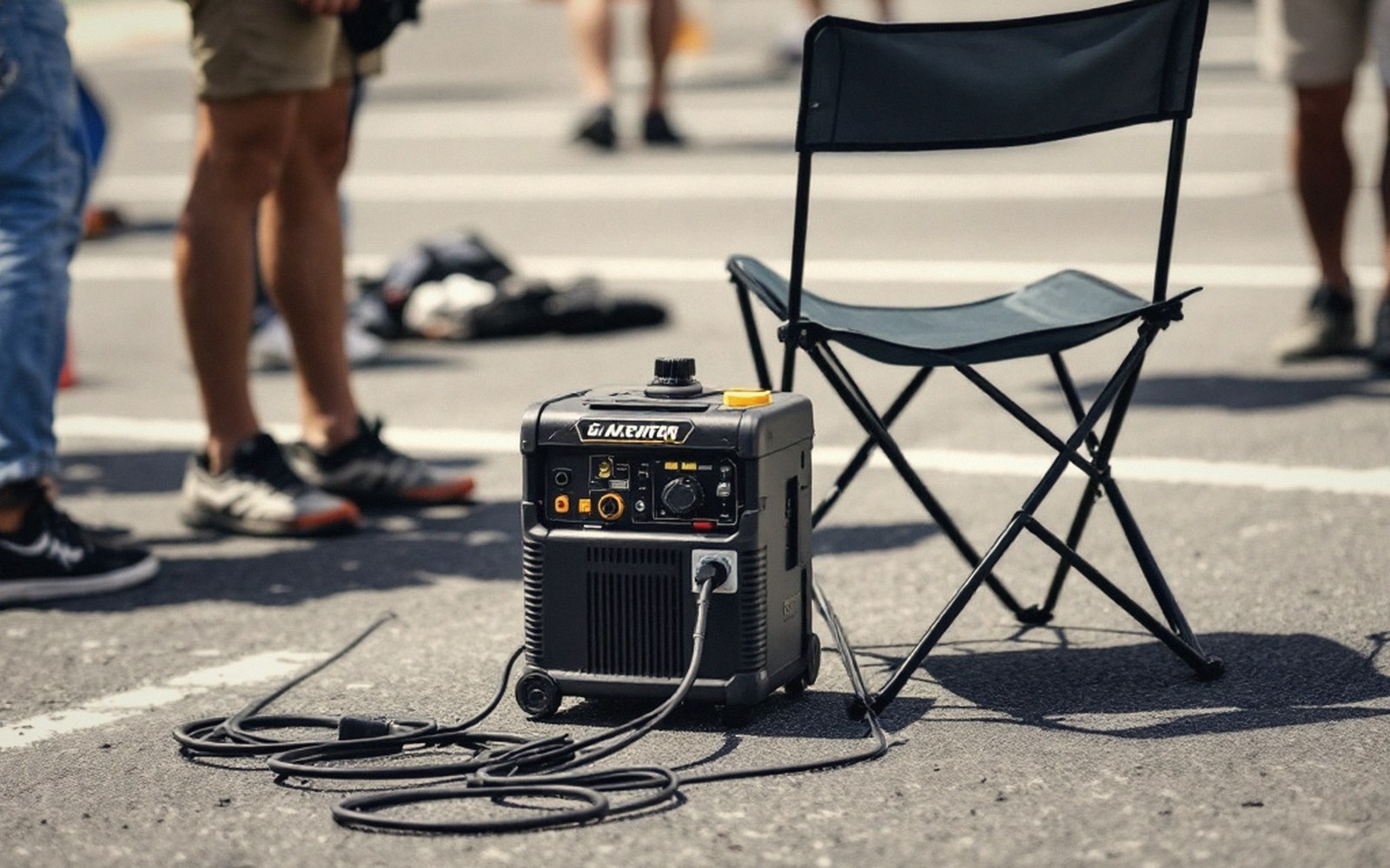 Portable generator with cables coiled beside a folding chair on pavement