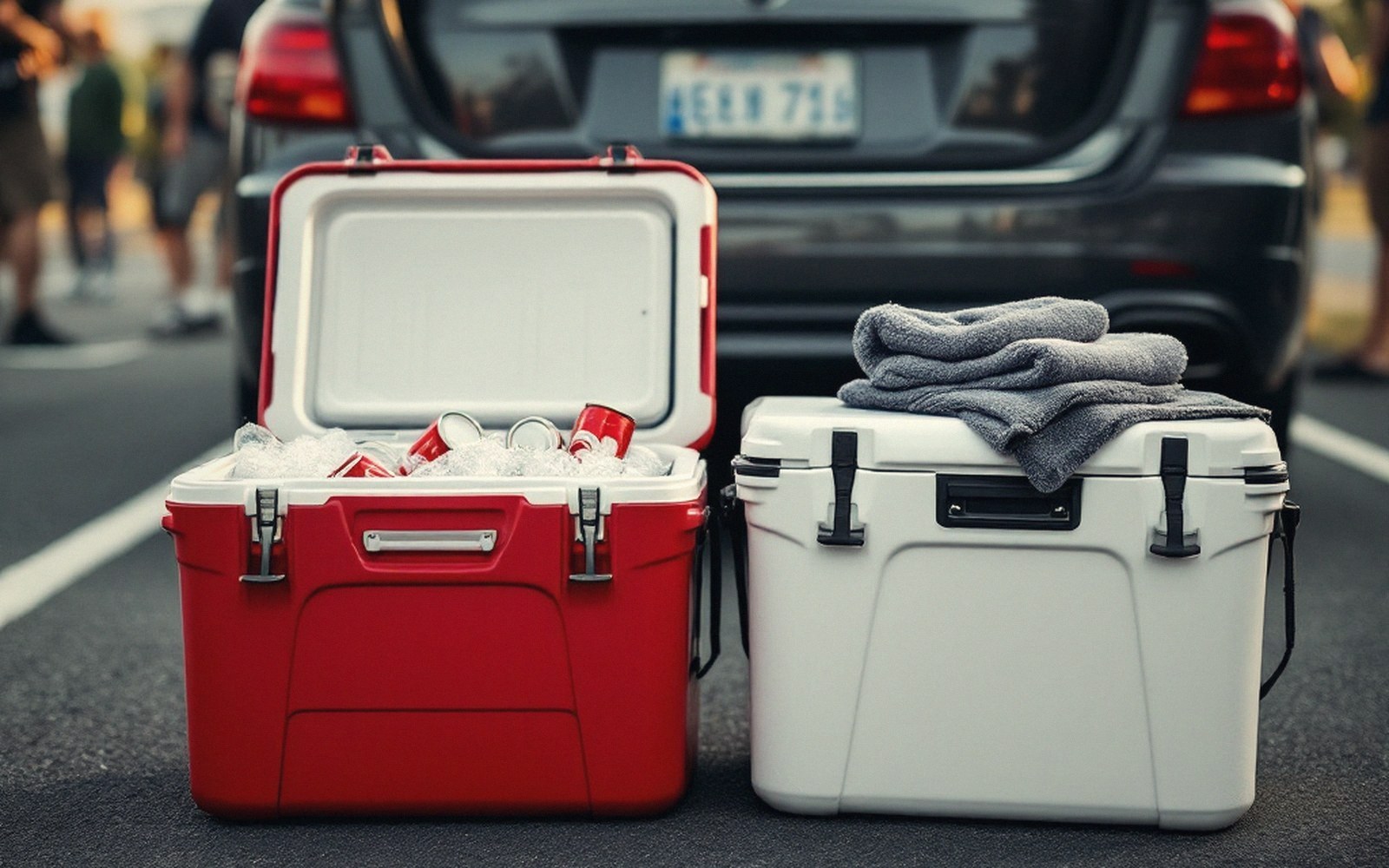 Two hard-sided coolers, one red and filled with ice and cans, sit behind a parked car