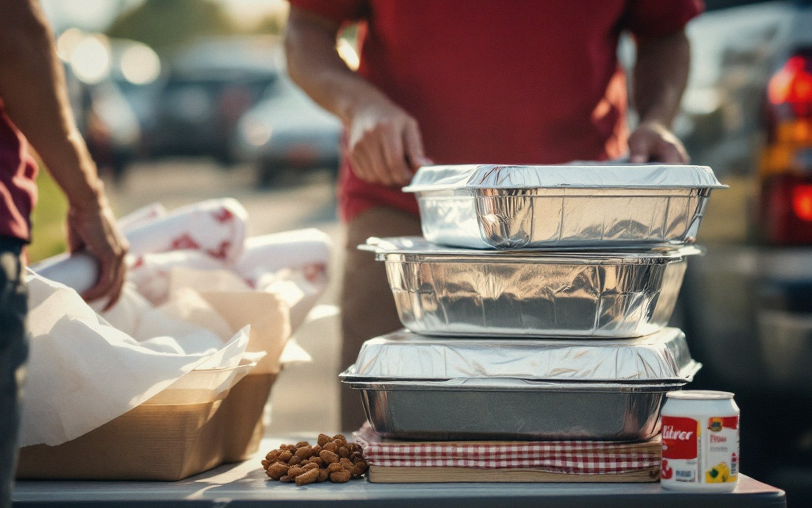 Stacked foil trays and paper food containers on a table at a tailgate
