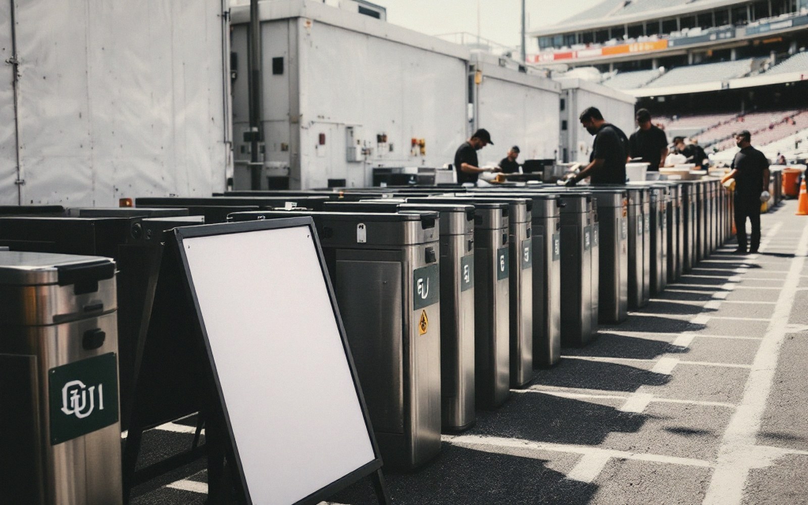 Rows of stainless steel storage lockers lined up in a stadium parking lot