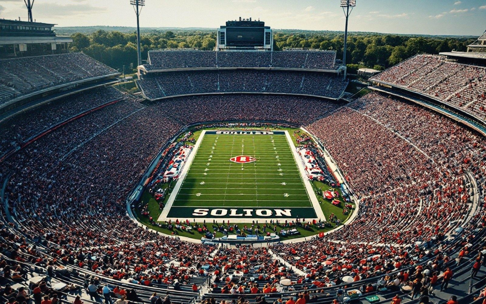 Aerial view of a packed football stadium bowl during a daytime game