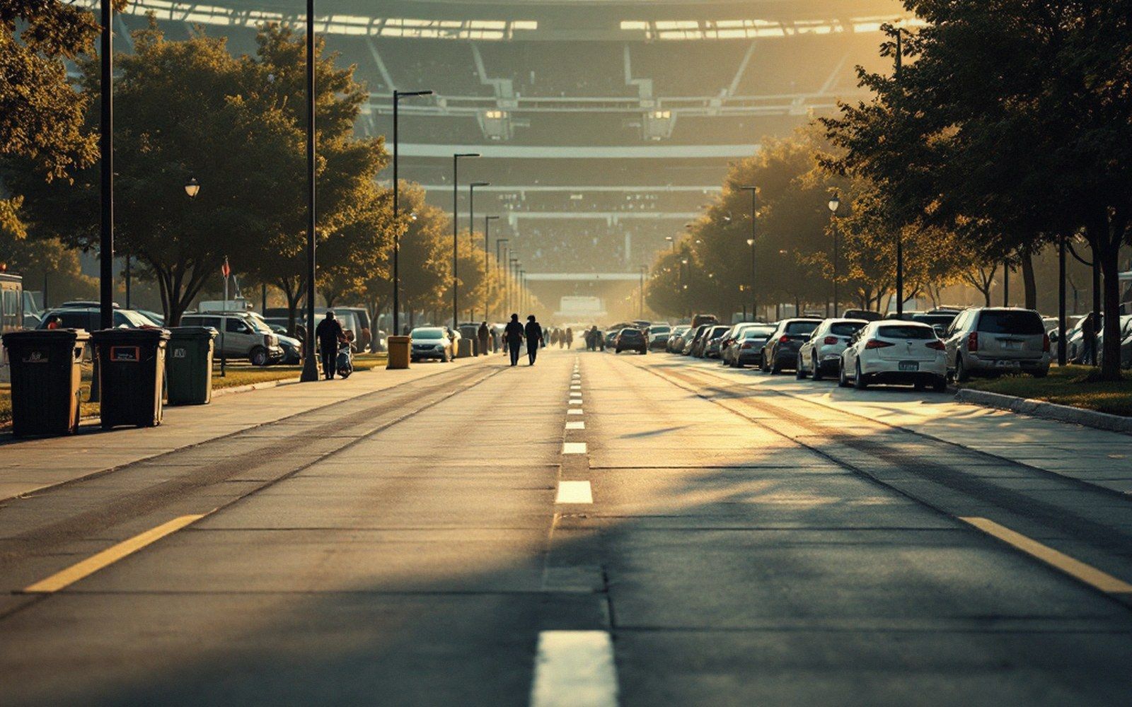 A crowd walking toward a stadium in low afternoon sun
